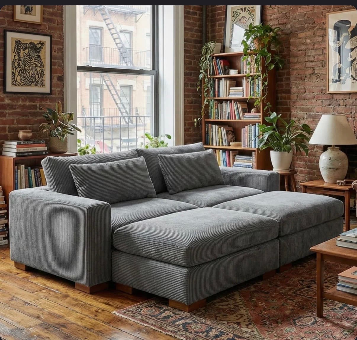 Gray Corduroy Sectional Sofa with Ottoman