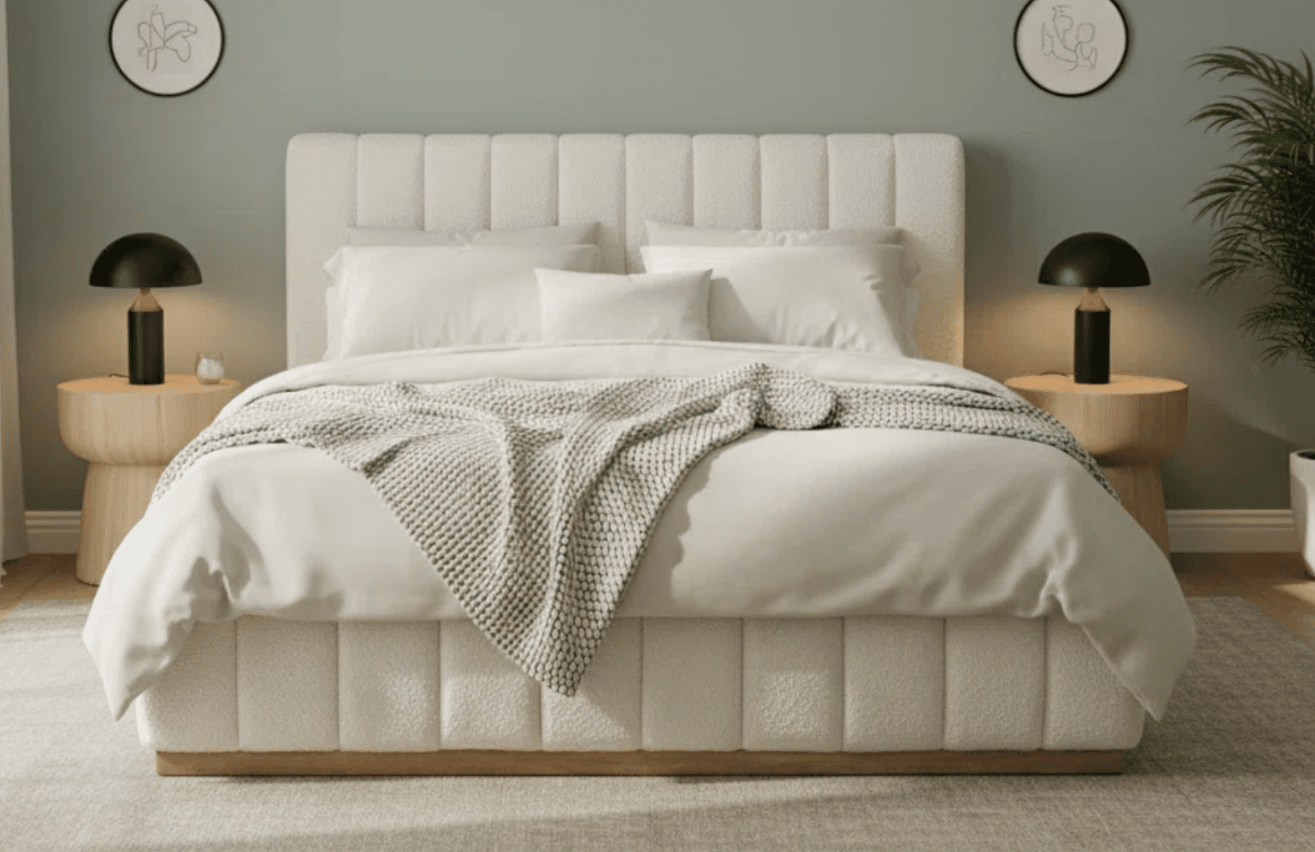 Channel-Tufted Upholstered Platform Bed, Cream Bouclé, Queen