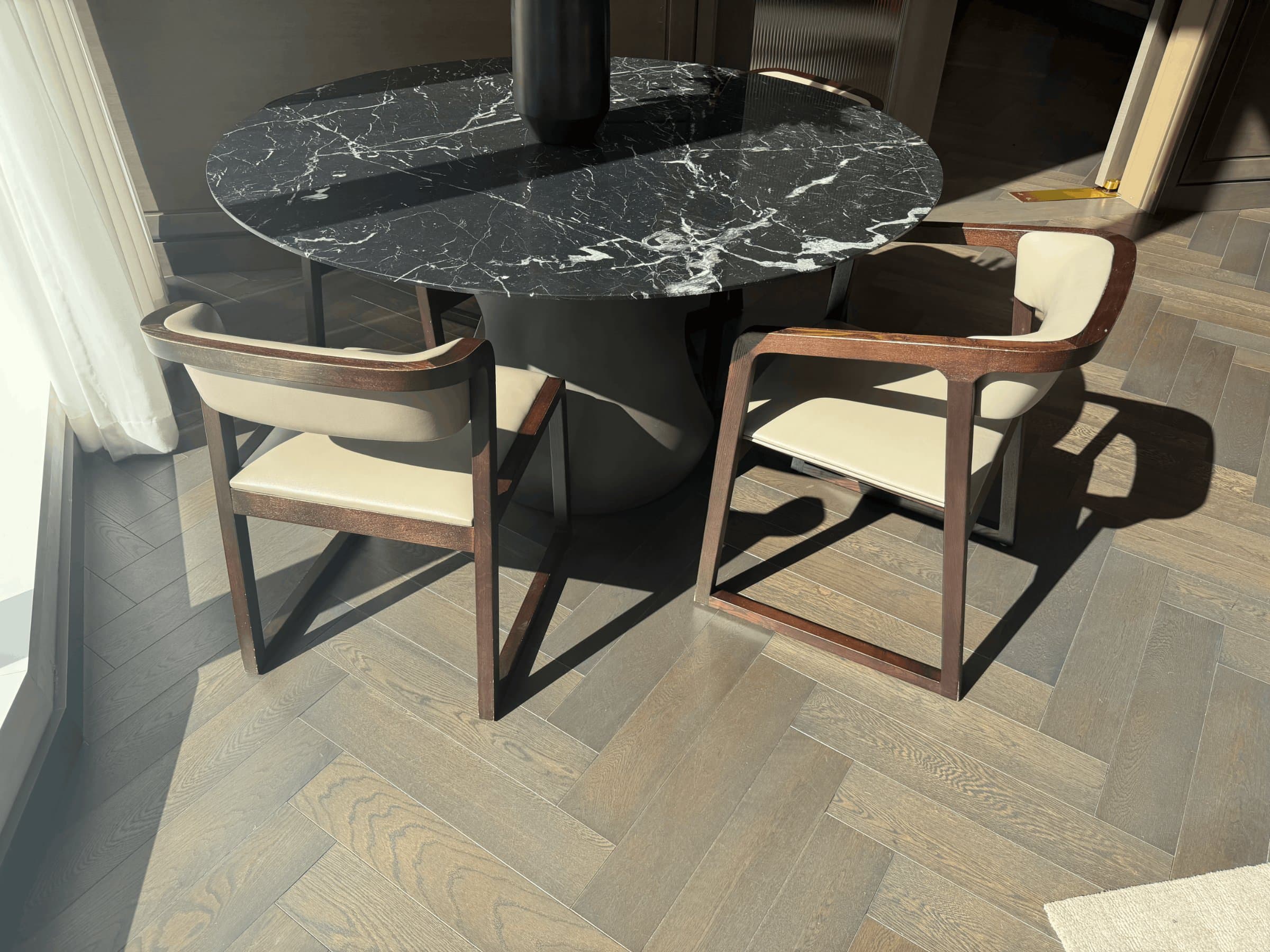 Modern Round Marble Dining Table with Wood Chairs